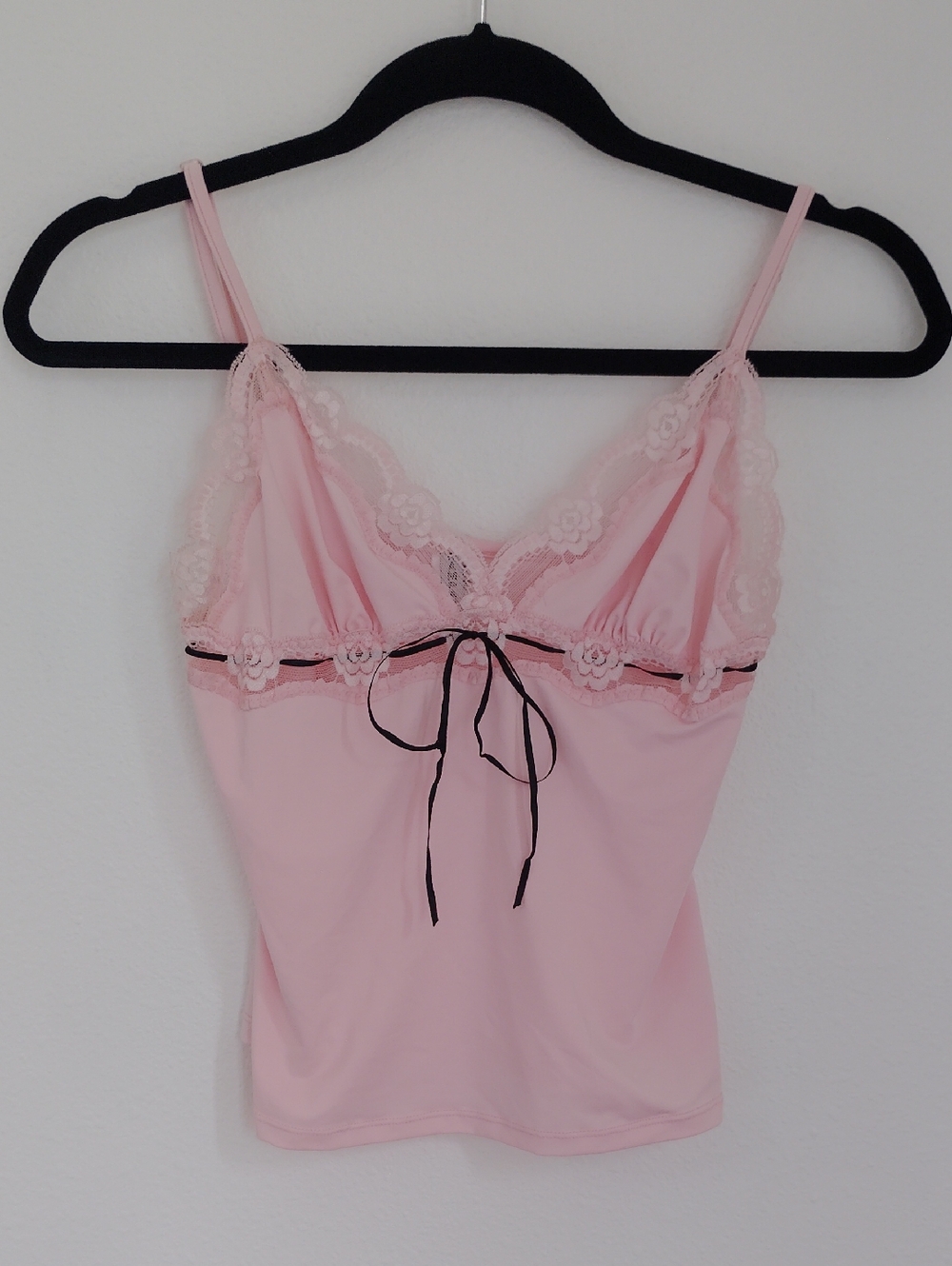 Y2K Rampage Womens Pink Satin Babydoll Cami Top Lace Ribbon Trim Sz S Coquette